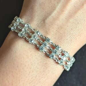 Silver Clear Rhinestone Tennis Bracelet Link 6.5 Inches Quiet Luxury Formal